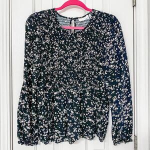 LUQ • Black + Pink Floral Stitch Fix Smocked Peasant Top Blouse